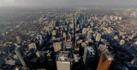 streets of modern city with tall skyscrapers